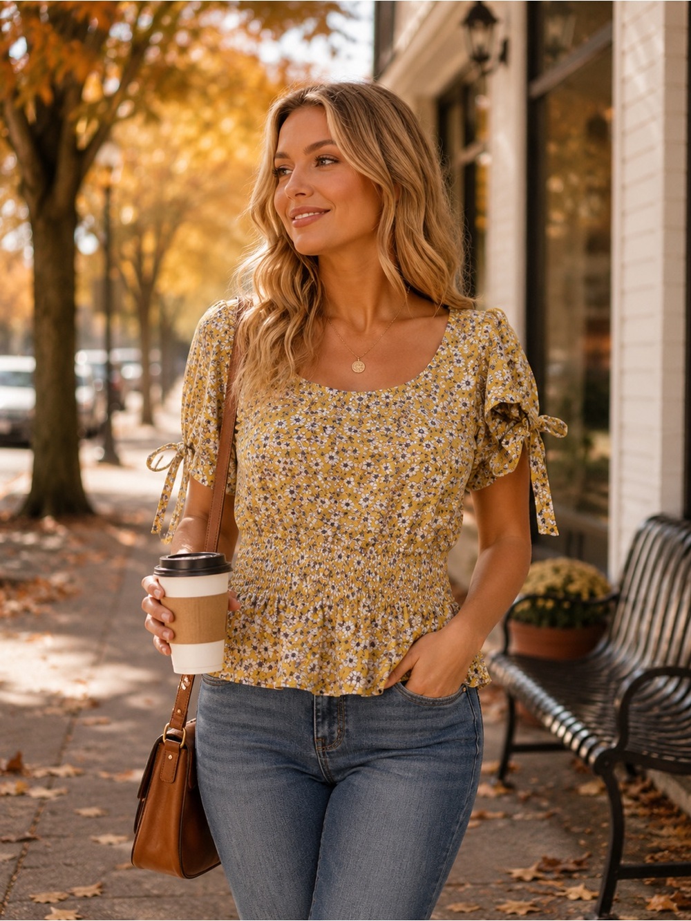 🔥E & M Yellow Floral Smocked Peplum Blouse | Garden Party Chic Feminine Spring